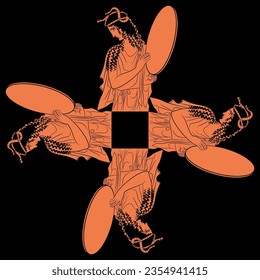 Square ethnic design with ancient Greek women with snakes in their hair holding tambourines or mirrors. Vase painting style. Black and orange silhouette.