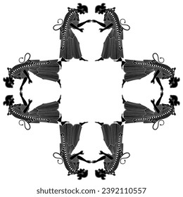 Square ethnic design or cross shape frame with ancient Greek women or maenads. Vase painting style. Black and white silhouette.