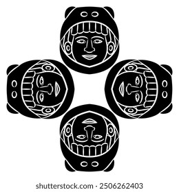 Diseño étnico cuadrado con cuatro cabezas aztecas del dios Ehecatl. Rostro humano en casco animal. Guerrero indio. Arte indígena americano. Silueta en blanco y negro.