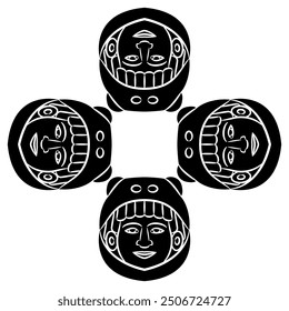 Diseño étnico cuadrado con cuatro cabezas aztecas del dios Ehecatl. Rostro humano en casco animal. Guerrero indio. Arte indígena americano. Silueta en blanco y negro.