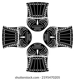 Quadratisches ethnisches Design mit vier menschlichen Gesichtern. Alte peruanische Kunst der Nazca-Indianer. Schwarz-Weiß-Silhouette.
