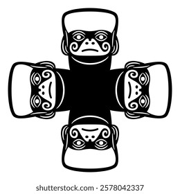 Square ethnic design with four stylized human heads. Native American art of Moche Indians of ancient Peru. Mochica ethnic mask. Black and white silhouette.