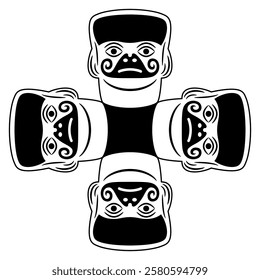 Square ethnic design with four stylized human heads. Native American art of Moche Indians of ancient Peru. Mochica ethnic mask. Black and white silhouette.