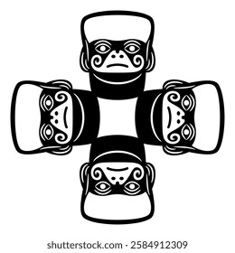 Square ethnic design with four stylized human heads. Native American art of Moche Indians of ancient Peru. Mochica ethnic mask. Black and white silhouette.