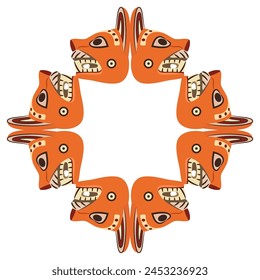 Square ethnic design or frame with animal heads in profile. Wari culture. Native American art of ancient Peru. Isolated vector illustration.