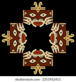 Square ethnic design or frame with four tribal masks of ancient Peru with stylized faces. Native American art of Nazca Indians. On black background.