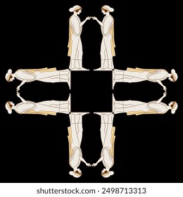 Square ethnic design or frame with standing ancient Greek women. Cross shape ornament. Vase painting style.