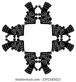 Square ethnic design or geometrical frame with stylized human skulls from Mexican codex. Native American design or Aztec Indians. Black and white silhouette.