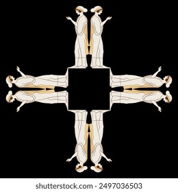 Diseño étnico cuadrado con mujeres griegas antiguas de pie. Ornamento en forma de cruz. Estilo de la pintura del florero.