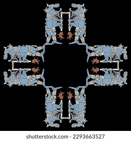 Quadratischer ethnischer Rahmen mit antiken Maya-Monstergötten, die Fackeln halten. Regen Sie Gott Chaak. Codex-Design. Auf schwarzem Hintergrund.