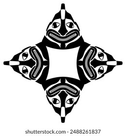 Square ethnic frame design with indigenous Native American motifs. Cross shape geometrical composition with four animal masks of Tlingit Indians. Black and white silhouette.