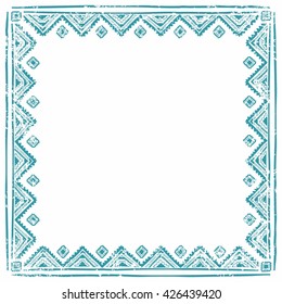 Square ethnic frame. Empty space for your text. Vintage poster. Blue geometric elements on a white background. Vector illustration.