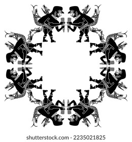 Square ethnic frame with fantastic fanged snake men. Native American art of Moche Indians from ancient Peru. Indigenous Peruvian  Mochica design. Black and white silhouette.