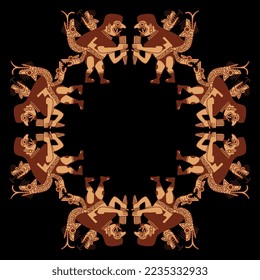 Square ethnic frame with fantastic fanged snake men. Native American art of Moche Indians from ancient Peru. Indigenous Peruvian  Mochica design. On black background.
