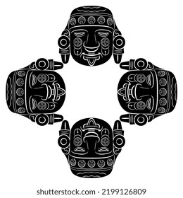 Square ethnic frame with four Aztec masks. Head a moon goddess. Pre Columbian Native American art. Black and white silhouette.