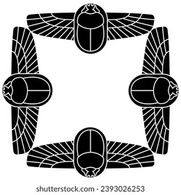 Square ethnic frame with four winged scarabs. Ancient Egyptian sacred symbol. Black and white negative silhouette.