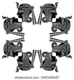 Quadratischer ethnischer Rahmen mit Köpfen der altägyptischen Königin oder Göttin. Schwarz-Weiß-Silhouette.