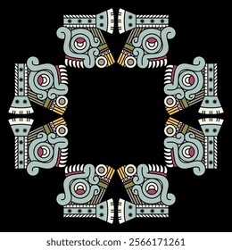 Square ethnic frame with heads of Aztec god Tlaloc. Native American design. Cross shape indigenous ornament.