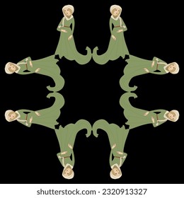 Square ethnic frame with medieval women in long green dresses. On black background.