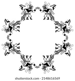 Square ethnic frame or pattern with ancient Peruvian snake men. Native American indigenous art of Mochica Indians. Moche pottery design. Black and white silhouette.