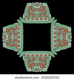 Square ethnic frame with Pre-Columbian ornament. Geometrical Native American background. Indigenous Mexican art from Teotihuacan. Cross shape mandala with four Indigenous masks.