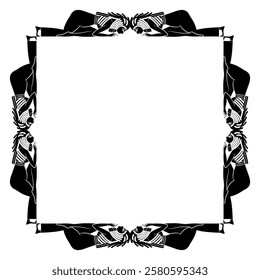 Square ethnic frame or rectangular border with prostrated ancient Egyptian women. Black and white silhouette.