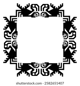 Square ethnic frame or rectangular border with stylized turkey vulture birds. Ancient Peruvian animal motif. Native American art. Recuay culture. Black silhouette on white background.