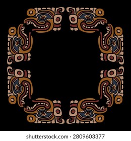 Square ethnic frame or rectangular border with heads of fantastic monsters. Native American art of Mayan Indians. On black background.
