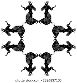 Square ethnic frame with running ancient Greek women. Black and white silhouette.