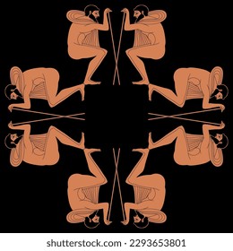 Square ethnic frame with seated ancient Greek men leaning on sticks. Vase painting style.