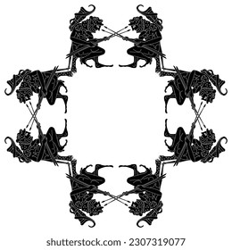 Square ethnic frame with seated ancient Greek men holding weapons. Hercules or Heracles. Black and white negative silhouette. Vase painting style.
