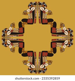 Square ethnic frame with seated Mayan men. Indigenous native American mandala. On yellow background.