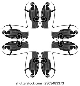 Square ethnic frame with standing ancient Greek goddess Athena holding bow and helmet. Vase painting style. Black and white silhouette.