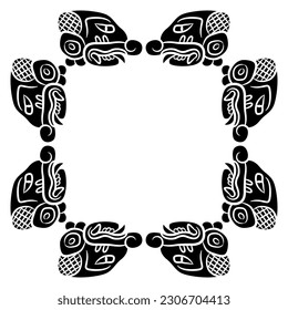 Square ethnic frame with stylized human heads. Ancient Mayan hieroglyph. Native American symbol. Black and white silhouette.