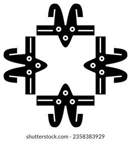 Square ethnic frame with tribal masks. Ornament of ancient Peru with stylized face. Native American art of Nazca Indians. Black and white silhouette.