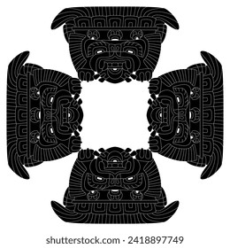 Square ethnic ornament with Pre-Columbian masks. Geometrical Native American background. Indigenous Mexican art from Teotihuacan. Cross shape mandala. Black and white silhouette.