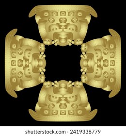 Square ethnic ornament with Pre-Columbian masks. Geometrical Native American design. Indigenous Mexican art from Teotihuacan. Cross shape mandala. Golden glossy silhouette on black background.