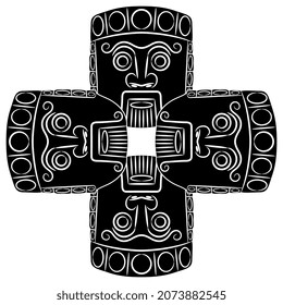 Patrón étnico cuadrado. Cruce con cuatro cabezas del dios Azteca Tlaloc. Arte indígena nativo americano mexicano. Silhouette negativa en blanco y negro.