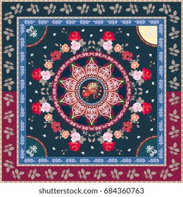 Square ethnic pattern with mandala, flowers, peacock and botanical frame. Stylized image of moon and sun. Bandana, tablecloth, carpet, cushion, greeting card. Indian, persian, turkish motives.