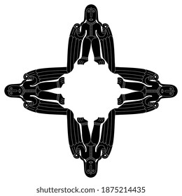 Square ethnic pattern with winged women. Black and white silhouette. Rectangular ethnic frame with Pagan goddess. Permian animal style from ancient Siberia.