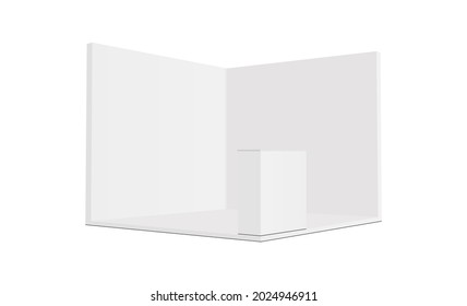 Square Exhibition Trade Show Booth Mockup With Demonstration Table, Side View. Vector Illustration