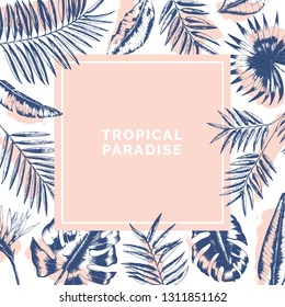 Square exotic background with frame made of palm tree branches and Monstera leaves drawn with contour lines and paint stains. Summer Hawaiian backdrop. Realistic botanical vector illustration.