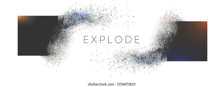 Square explosion with abstract burst. Vector particles of black shape with broken debris. 3d square energy background. Futuristic cube geometric illustration. Vector explosion cloud with mist.