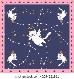 Square Fabric Handkerchief. Background of the cats with stars for shirt pattern and handkerchief pattern. Vector illustration.