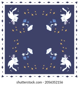 Square Fabric Handkerchief. Background of the cats with smiling cloud with stars for shirt pattern and handkerchief pattern. Vector illustration.