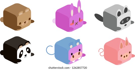 Square face animal. Bear Rabbit Raccoon Panda Hippo Pig