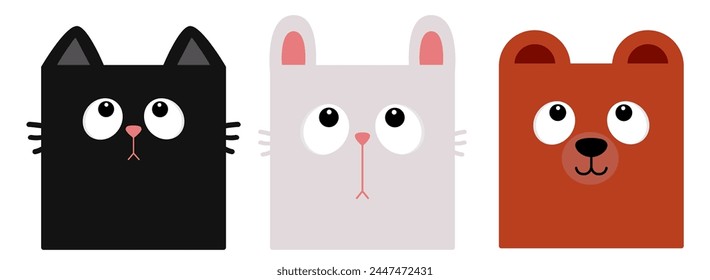 Square face animal set. Black cat kitten, white bunny rabbit, brown bear head face looking up. Forest animal set. Cute cartoon kawaii baby character. Childish style Flat design White background Vector