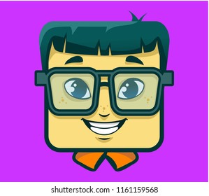 A Square Face Boy Animated Character With Glasses. Vector Illustration.