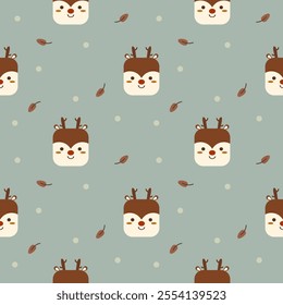 Square face deer cartoon so cute. On leaf polka dot green background. Pattern seamless vector illustration. 
