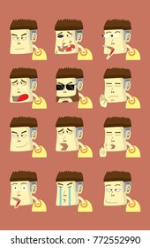 square face man emotional face collection, funny, spiked hair 